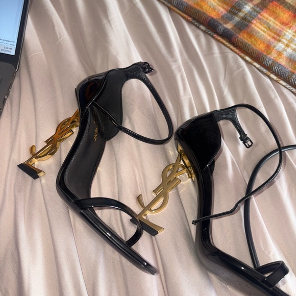 Yves Saint Laurent Black Heels with Gold Logo Accent - Picture 1 of 10